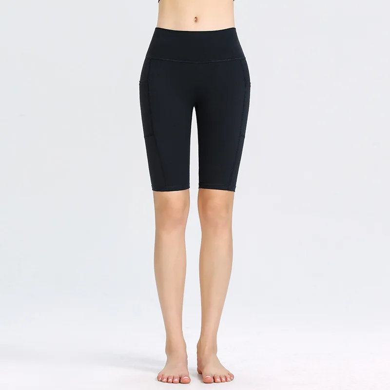

New style yoga pants five-point running sports running fitness pants pure color nylon high waist hip pocket yoga shorts