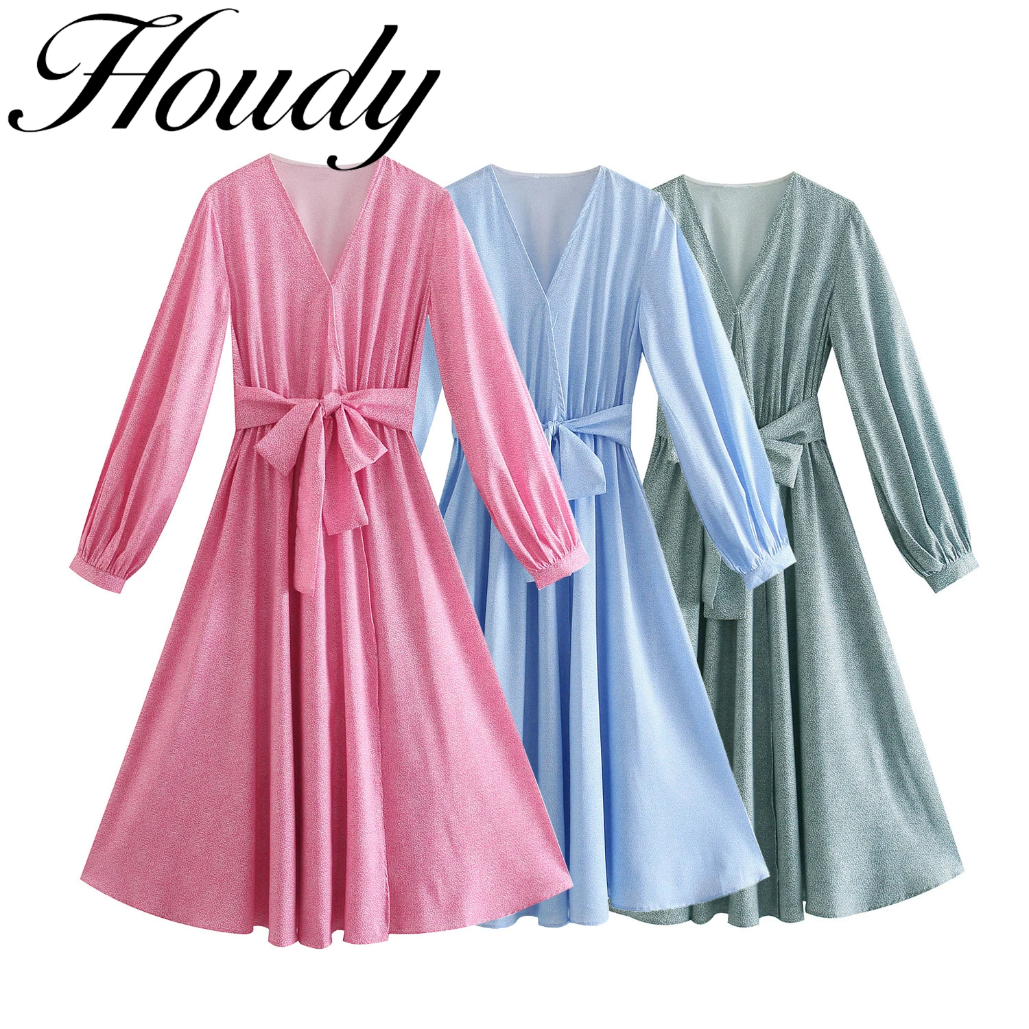 

2021 Summer New Product Women's V-Neck Long-Sleeved Waist Slimming Lace-Up Dress Casual Sexy Style