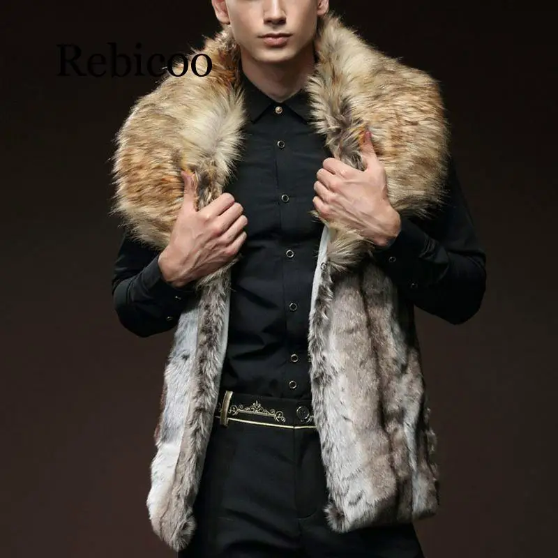 

2019 Fashion Winter Jacket Men Fur Vest New Thick Fur Coat Hoodie Men Sleeveless Faux Fur Collar Outerwear Clothing Coat Vests