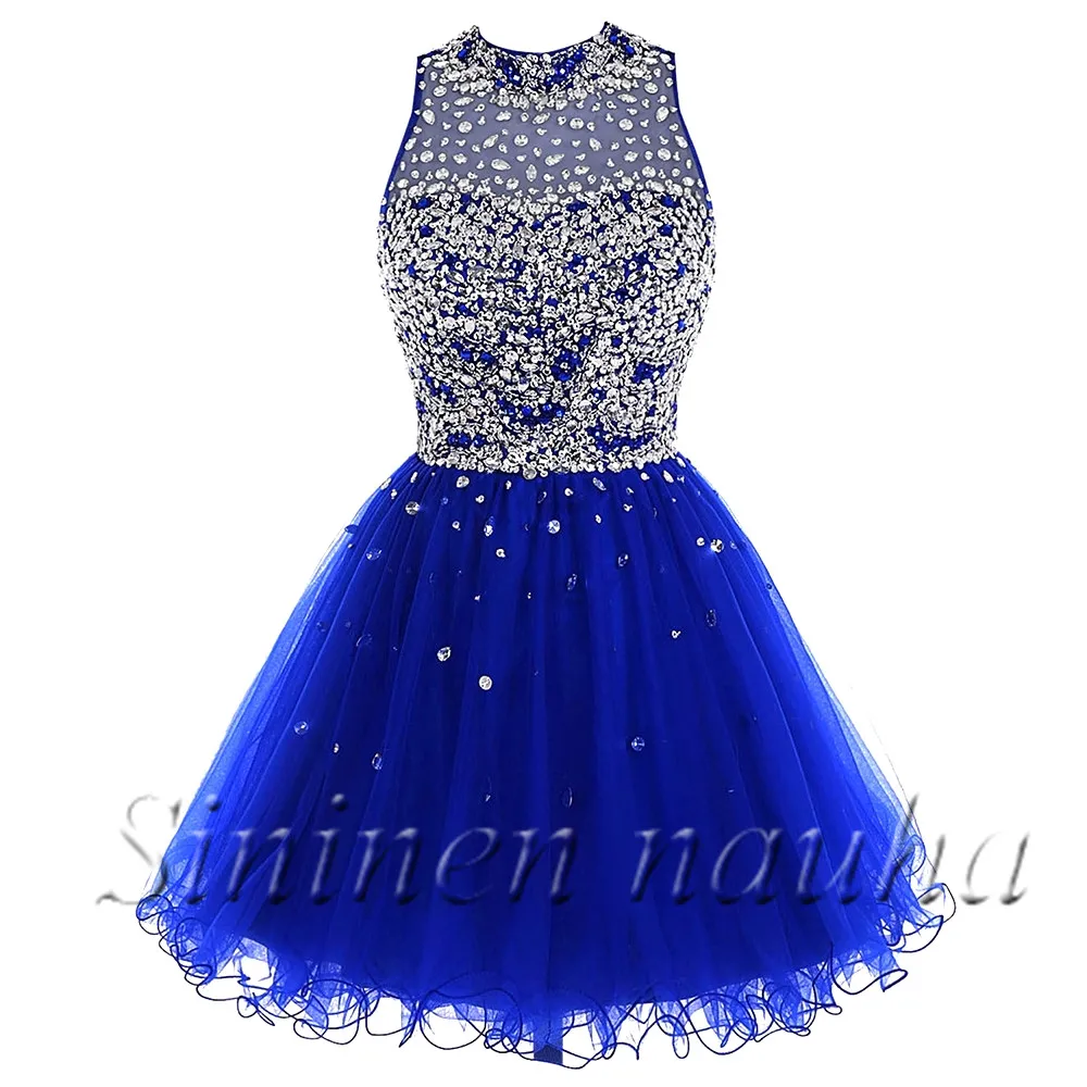 

HIgh Neck Prom Homecoming Dresses for Junior Teens Short Beaded Crystals A Line Tulle Cocktail Party Dress Vestidos De Festa 472