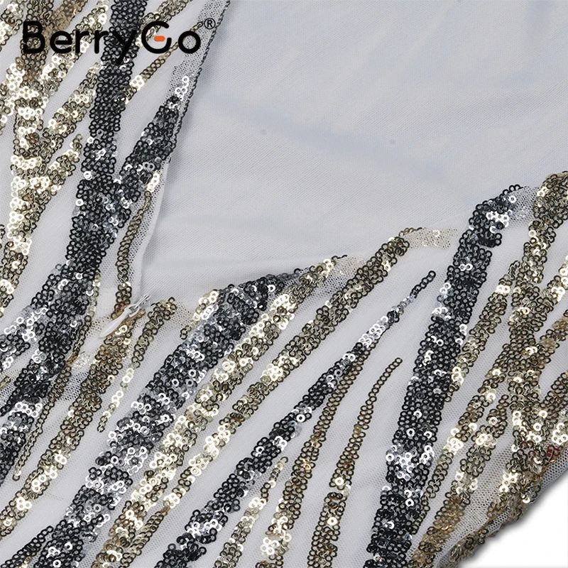 

BerryGo Sexy Sequin dress Gold backless stripe crew neck slim Long sleeves dress Party night club dresses for women 2020 new