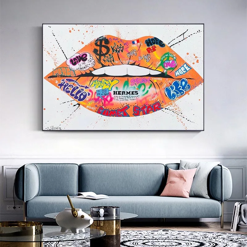 

French Kiss Lips Street Graffiti Art Canvas Painting on The Wall Posters and Prints Wall Art Picture for Living Room Home Decor