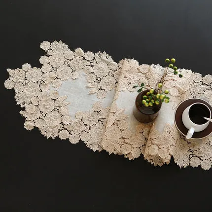 

White Table Runner Linen Cotton Hollow Table Flag Flower American Embroidery Lace Table Cloth TV Cabinet Piano Cover dust Towel