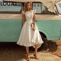 luojo vintage satin tea length bridal dress 2022 high quality ruffles lace sleeveless backless a line wedding gowns