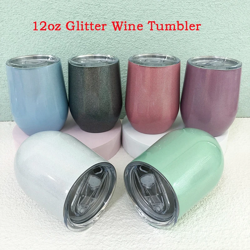 

12oz Glitter Wine Glasses Tumbler With Seal Lids Stainless Steel Beer Cups Double Wall Coffee Travel Mugs For Birthday Party