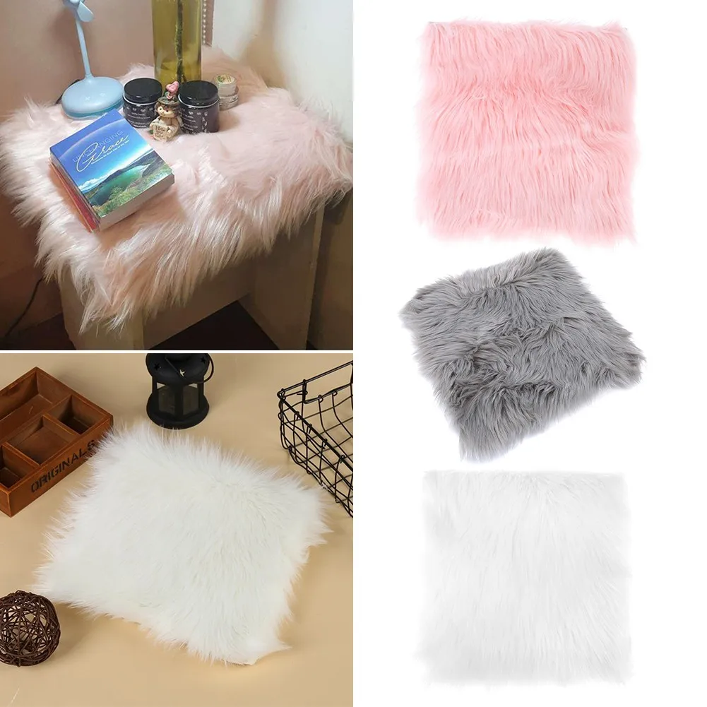 

1Pcs Artificial Wool Square Carpet Warm Hairy Long Plain Fluffy Area Rugs 30cm*30cm Soft Seat Cushion Bedroom Home Toilet Decor