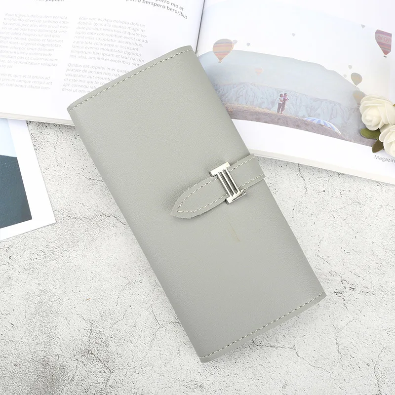 

Женский кожаный кошелек с буквой H в европейском и американском стиле, однотонный Длинный кошелек с рельефным узором и кулиской, Складывающ...