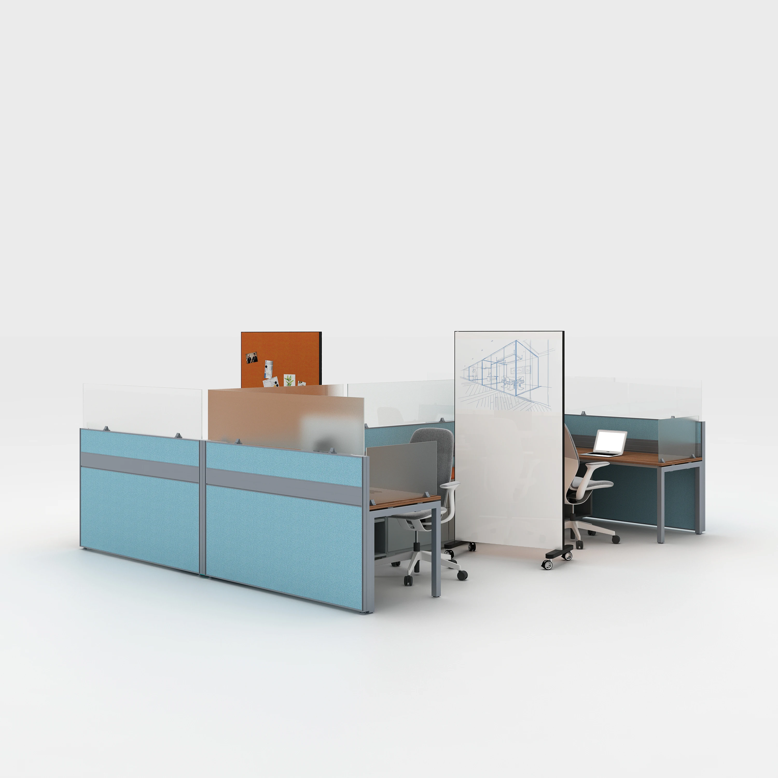 

Современная рабочая станция на 4 персоны со стеклянными перегородками для гостиной