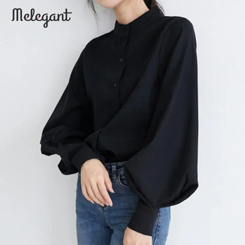 Элегантная Высокая мода OL Однотонная синяя блузка Рубашки с рукавом фонариком