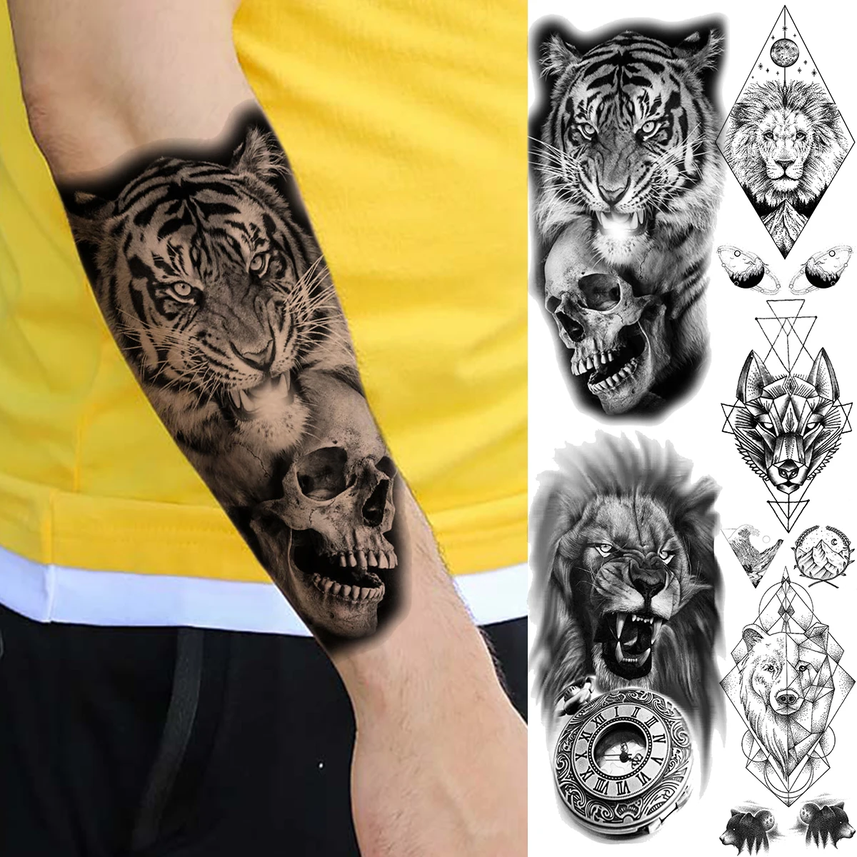 

3D Tiger Lion Skull Compass Temporary Tattoos For Women Men Adult Geometric Wolf Fake Tattoo Sticker Forearm Waterproof Tatoos