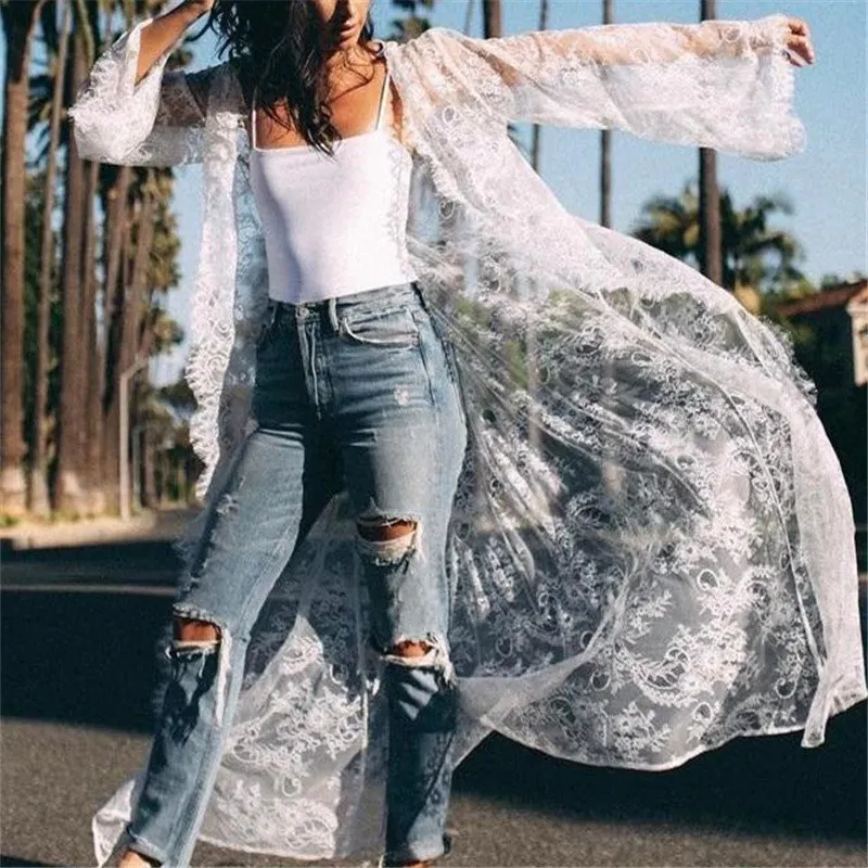 Женское Прозрачное кимоно с вышивкой длинным рукавом и поясом|Женские платья| |