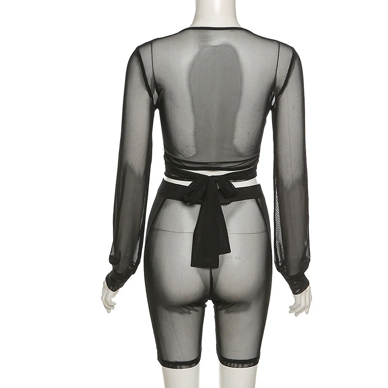 

Simenual Bandage Mesh See Through Crop Top And Biker Shorts Sets Women 2 Piece Outfits Sheer Sexy Long Sleeve Skinny Co-ord Set
