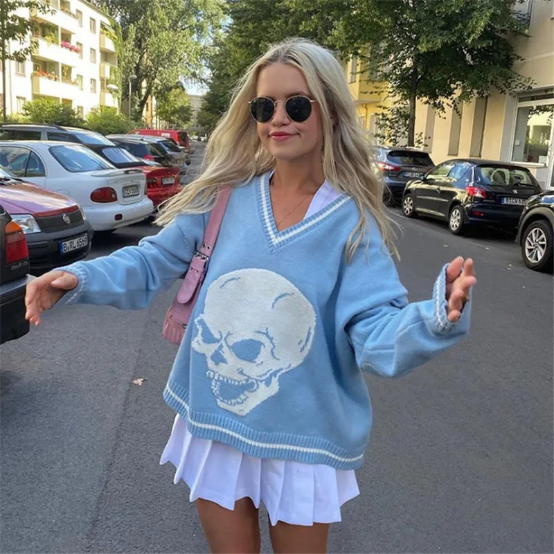 

Goth Skull Print Knitted Autumn Sweater Women's y2k Streetwear Jumpers korean Fashion V Neck Knitwear Clothes tops pull femme