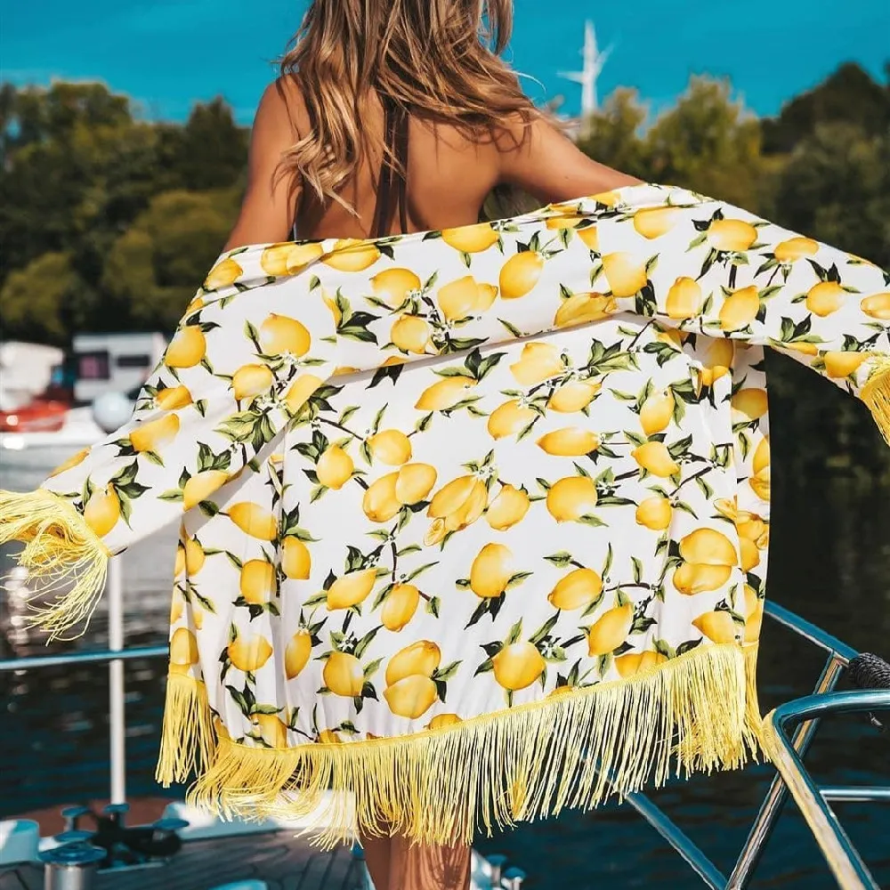 

2021 Boho Lemon Printed Fringed Chiffon Sexy Bikini Cover-ups Beach Wear Short Kimono Dress Women Summer Swimsuit Cover Up A801