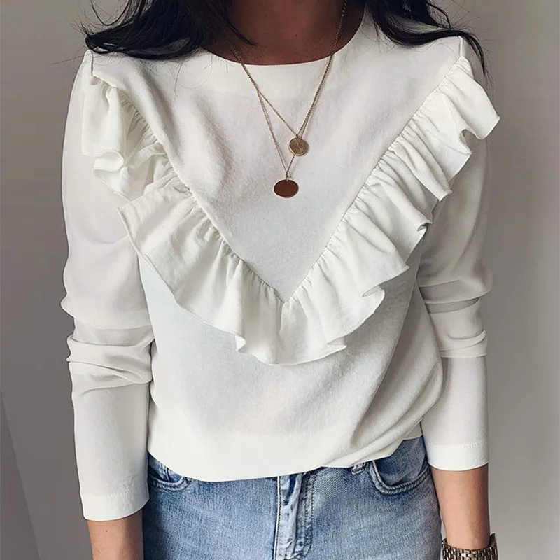 

Long sleeves elegant women's blouses 2021 lady office work dappled Khakis neck shirts black tops autumn sweaters