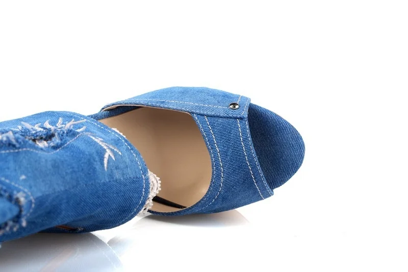 

slope heel denim high heeled boots women's large women's boots European size