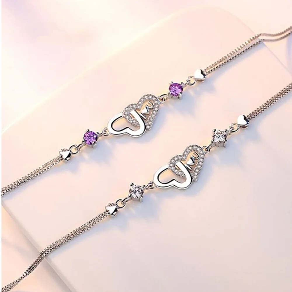 

2021 NEW 925 sterling silver new jewelry high quality fashion woman heart-shaped purple cubic zirconia simple bracelet length