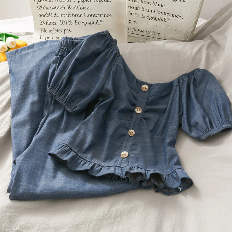 

Retro Fashion Pants Suit Female Summer Buckle Off-Shoulder Puff Sleeve Shirt Cropped Top + High Waist Wide Leg Pants Two-piece