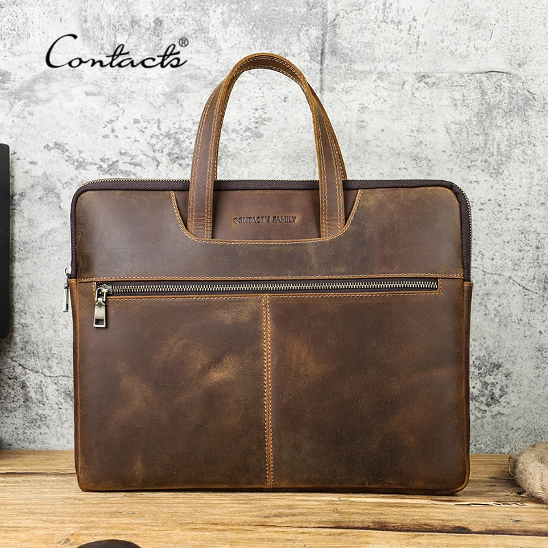 CONTACT'S Men Crazy Horse Leather Handbag Casual Laptop Bag for 16