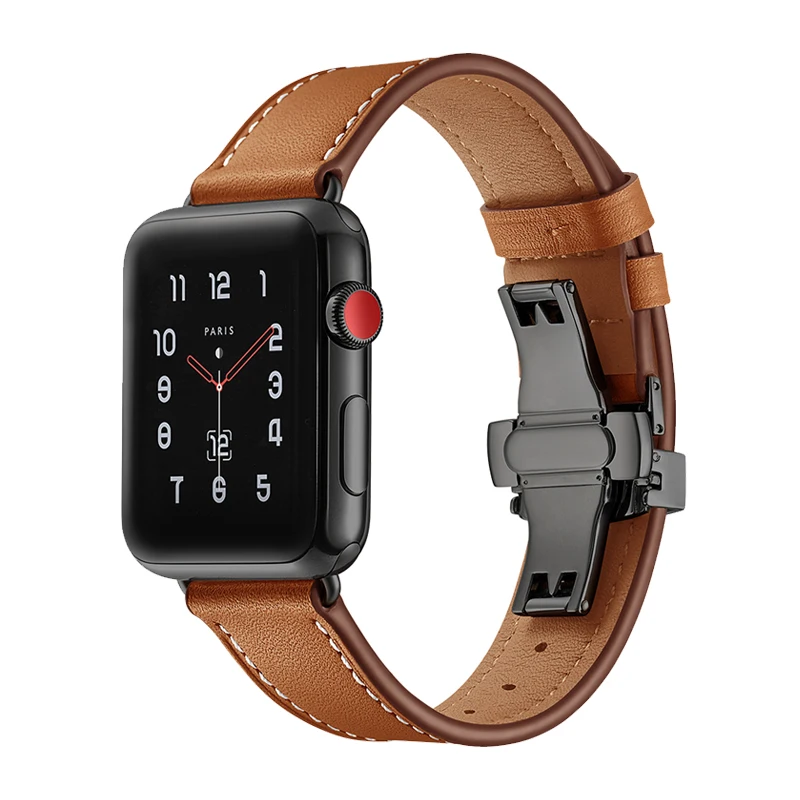 Ремешок из натуральной кожи для apple watch band 4 5 42 мм 38 44 40 браслет с пряжкой бабочкой