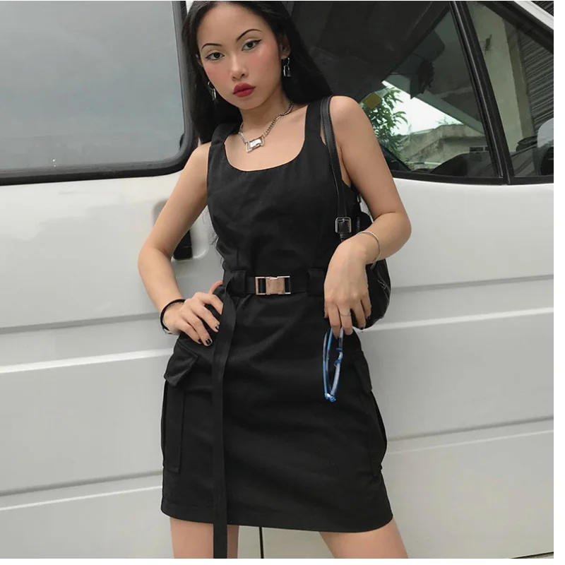 

Women's Dress 2021 Summer Sling Sleeveless Solid Color Fashion Square Collar Pocket Slimming Female Street Style Straight Dress