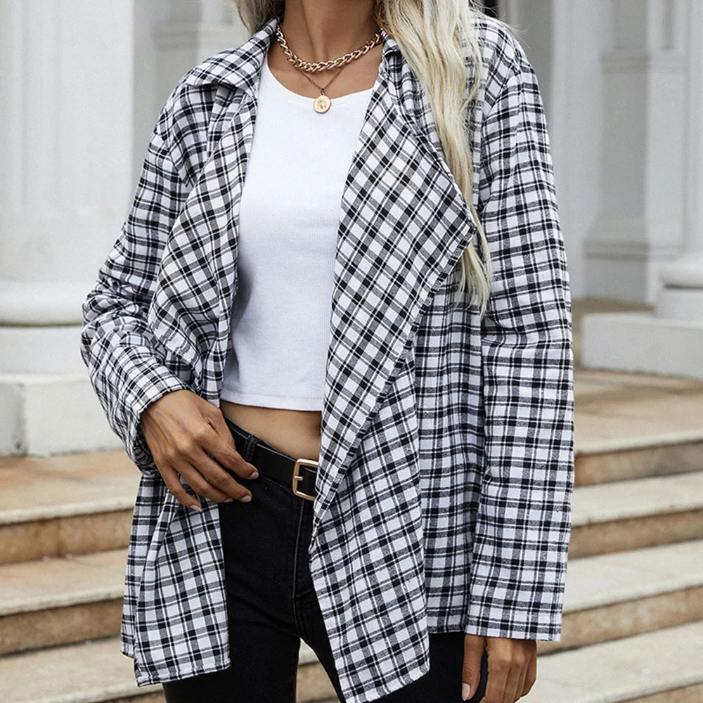 

2021 Spring Autumn New Fashion Casusal Office Lady Temperament Woman Jacket Plaid Patchwork Print Long Sleeve Women Jackets