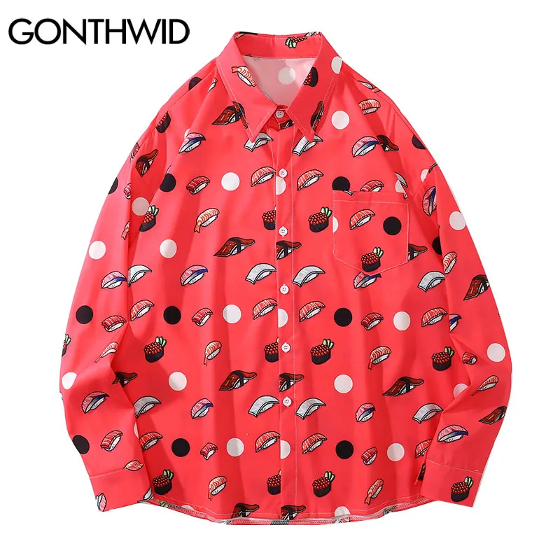

GONTHWID Shirts Harajuku Sushi Print Shirt Streetwear Hip Hop Fashion Button Blouse Mens Loose Casual Long Sleeve Tops