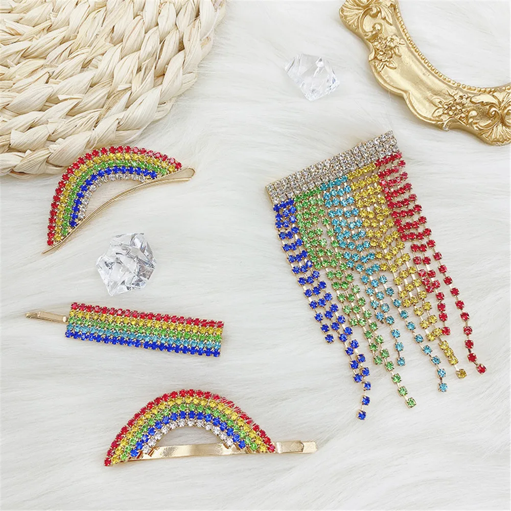 

Rainbow Color Flashing Diamond Side Clip Simple Temperament Tassel Hairpin For Girls Hair Accessories Women Bangs Clip