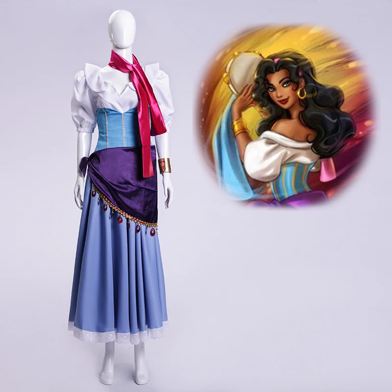 5PCS The Hunchback of Notre Dame Esmeralda Cosplay Costume Purple Blue Partywomen girl Dress Halloween and wig | Тематическая
