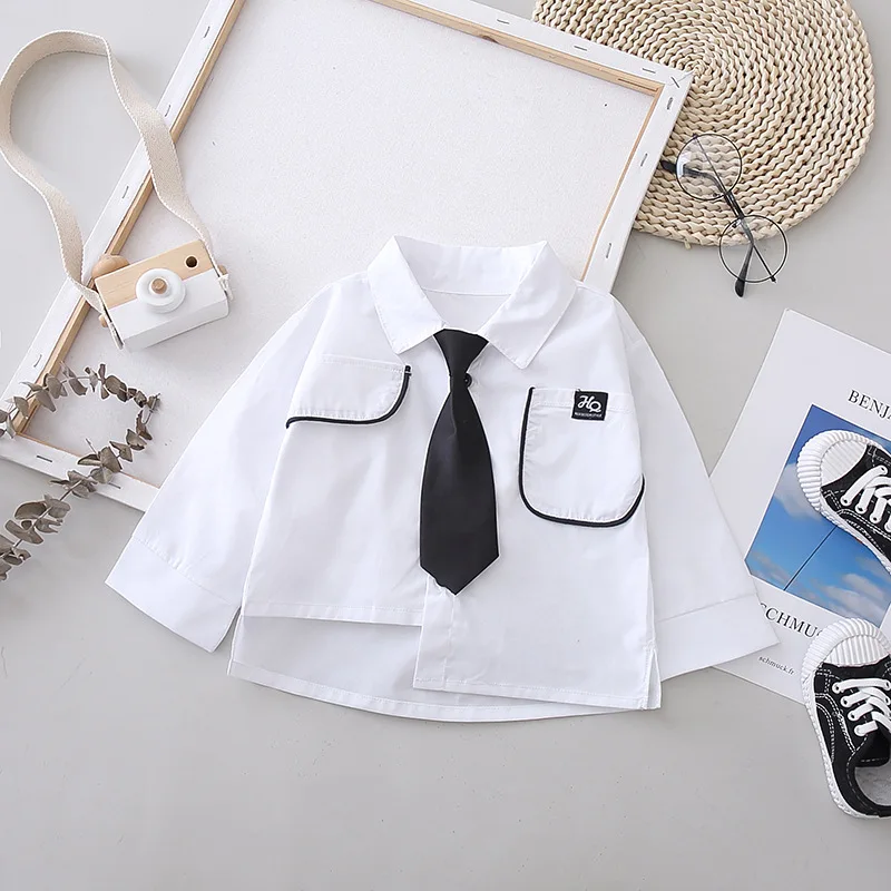 

Children Boys Shirts Spring Autumn Fashion Solid Color Kids Baby Shirts Children Clothing Shirt with Tie Long Sleeve Outerwear