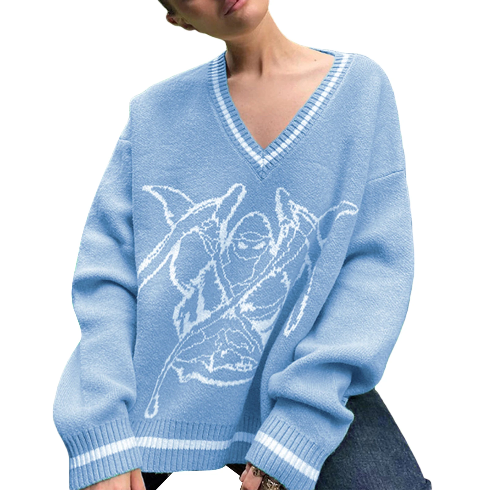 

Women Loose Knit Sweater, Adults Cartoon Pattern Long Sleeve V-neck Pullover (Blue)
