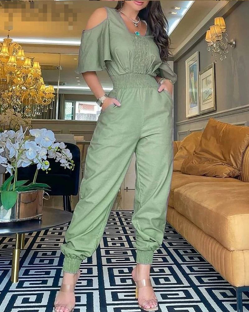 

Женский Повседневный комбинезон с открытыми плечами, однотонный комбинезон с рюшами, завышенной талией