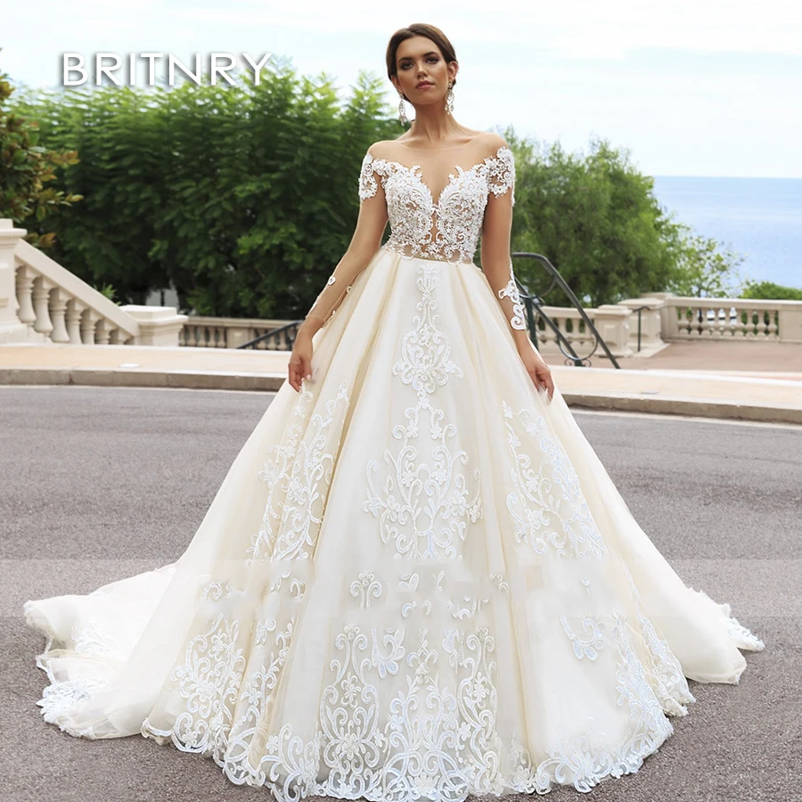 

BRITNRY 2020 Ball Gown Wedding Dresses Boat Neck Long Sleeve Bridal Gown Backless Cheap Train Bride Dress Plus Size