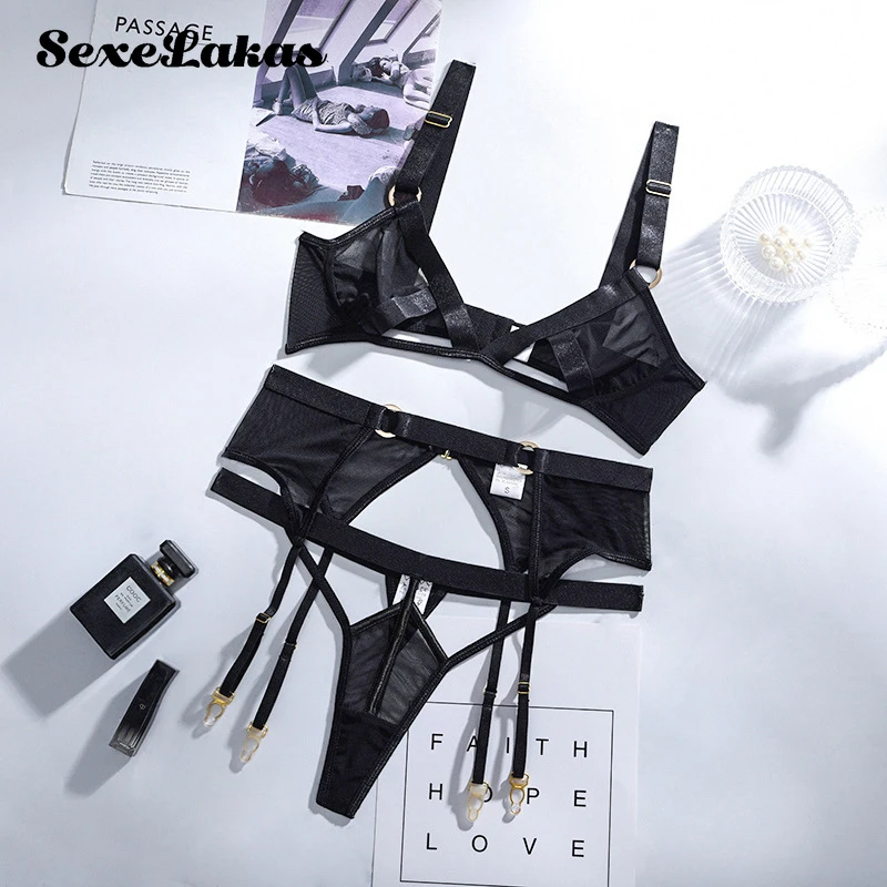 

Lace Bralette Set Women See Through Underwear 3 Piece Exotic Open Cup Wire Free Bra and Panty with Garter Belt Lenceria Lingerie