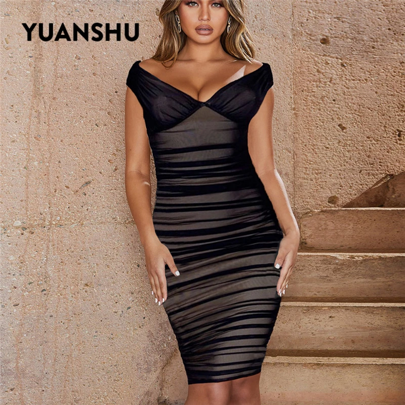 YUANSHU Sexy Mesh Party Dress Women Stretchy V Neck Off Shoulder Mini Ladies Elegant Bodycon Pleated Summer | Женская одежда