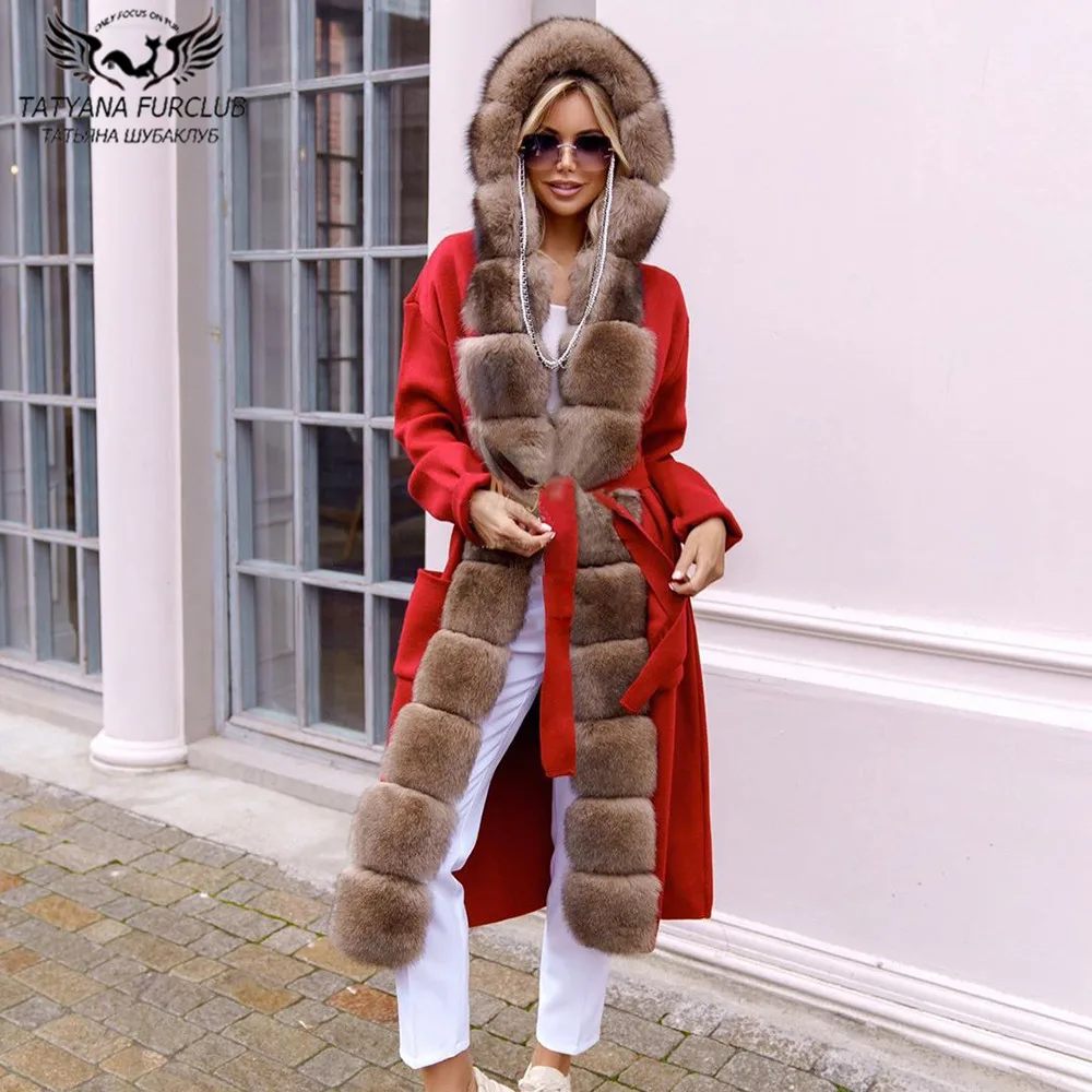 Enlarge 100cm Long Winter Fashion Real Fur Coats Women High Street Wool Blend With Natural Fox Fur Collar Warm Cashmere Fur Overcoats
