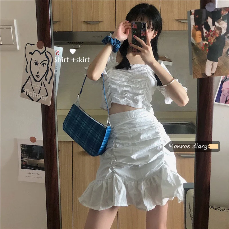 

Women Sets Sweet Sexy Girls Ulzzang Solid Ruched Square Collar Short Tops High Waist New Mini Skirts Students Summer Chic Femme