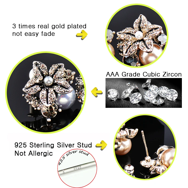 

LEEKER Vintage Jewelry Flowers AAA Grade Cubic Zircon Stud Earrings Champagne Silver Color Pearl 2021 Women's Earring 605 K2