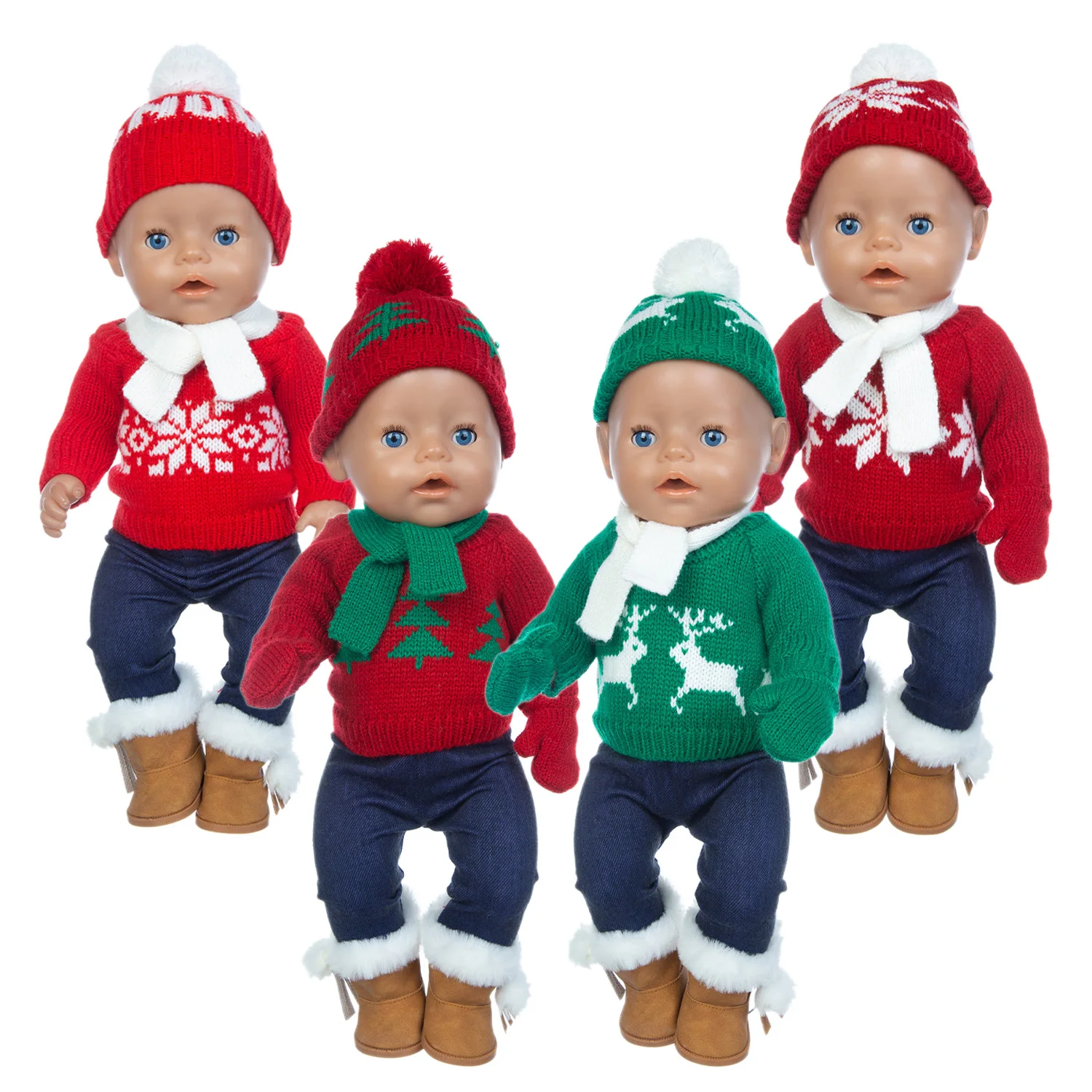 

Fit 18 inch Baby New Born 43cm Doll Clothes Accessories Crimson Green Pink 3-piece Christmas Sweater Set For Baby Birthday Gift
