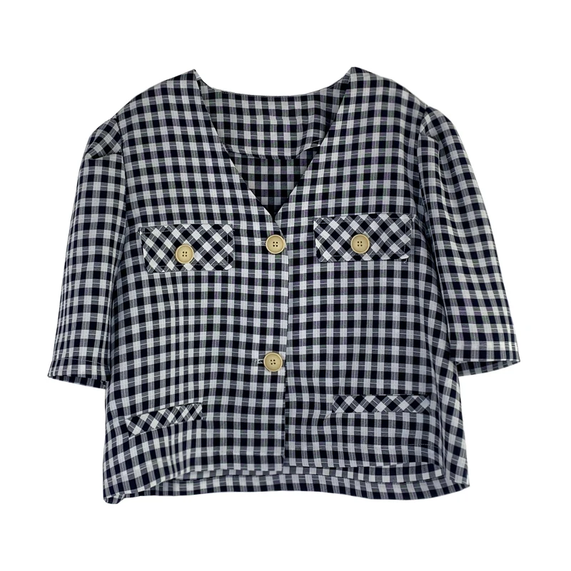 

white plaid short-sleeved shirt female summer show thin thin section han edition v-neck loose shirt niche leisure coat
