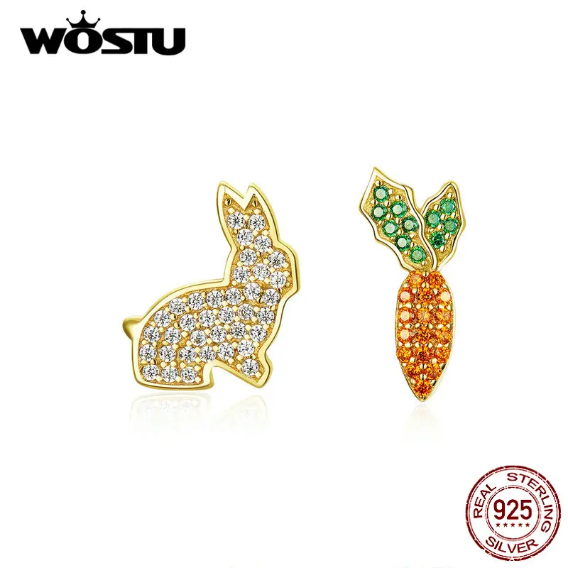 WOSTU Fashion 925 Sterling Silver Rabbit& Carrot Stud Earrings Zircon Gold Wedding Earrings For Women Wedding Jewelry CQE249-B