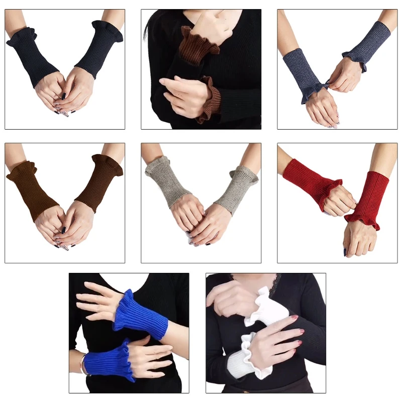 

Women Ribbed Knitted Fake Sleeves Cuffs Solid Color Winter Autumn Arm Warmers Stretch Ruffles Decorative Fingerless Gloves