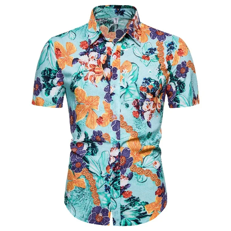 

2020 Hot Sale Summer Plus size Men Floral Print Hawaiian Beach 100% Cotton Short Sleeve Shirt
