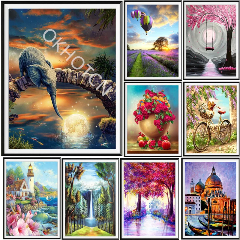 

Алмазная 5D картина «сделай сам», деревенские деревья, пляжные цветы, круглая Алмазная мозаика, узор для дома, гостиной