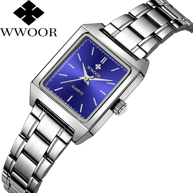 

2021 WWOOR Brand Women Watch Square Quartz Small Wristwatch Rectangular Silver Blue Face Full Stainless Steel Ladies Wrist Watch