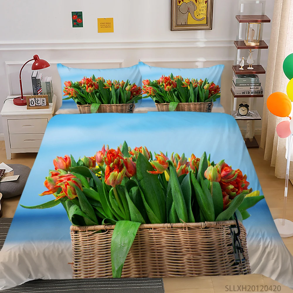 

Floral Bedding Set Pink Tulips Duvet Cover Set Queen King 2/3 Pcs Pillowcase Bed Gift Kids Child Girls Adult Bedroom Decoration