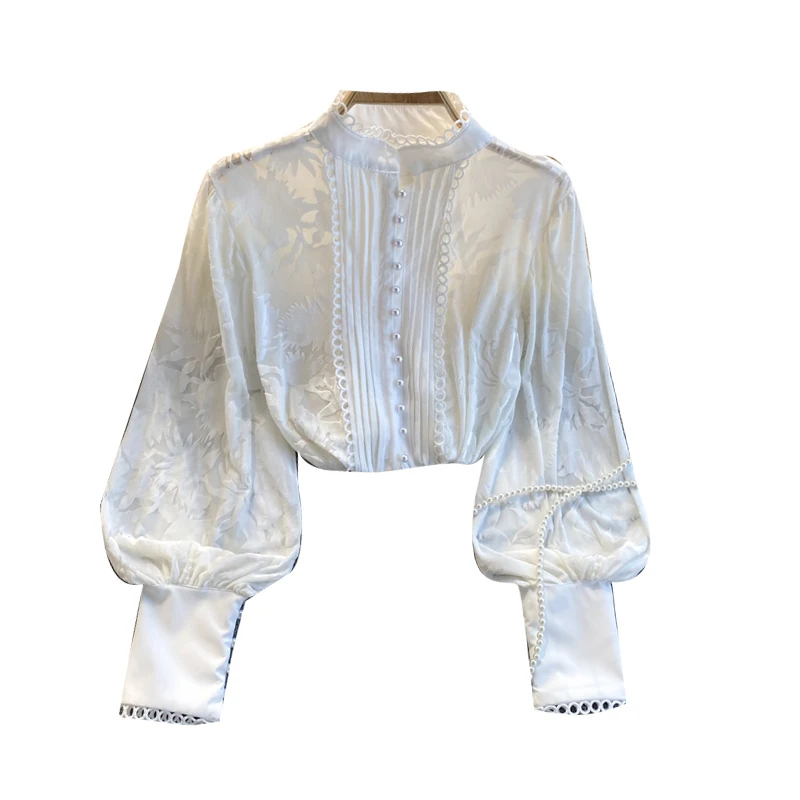 

Vintage Women's Shirt Spring Puff Sleeve Round Neck Office Business Wear Black White Female Buttons Top Blouse