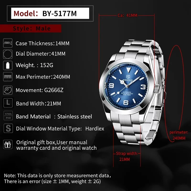 

BENYAR New Top Brand Luxury Men's Watches Automatic Mechanical Men Fashion 50M Waterproof Sport Watch Mens Watches Reloj Hombre