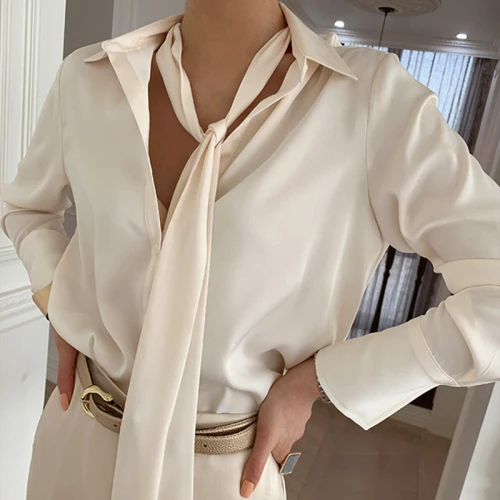 

Women Shirt 2021 Spring Autumn French Elegant Temperament Ladies Lace-Up Collar Design Loose Commuter Style Blouses