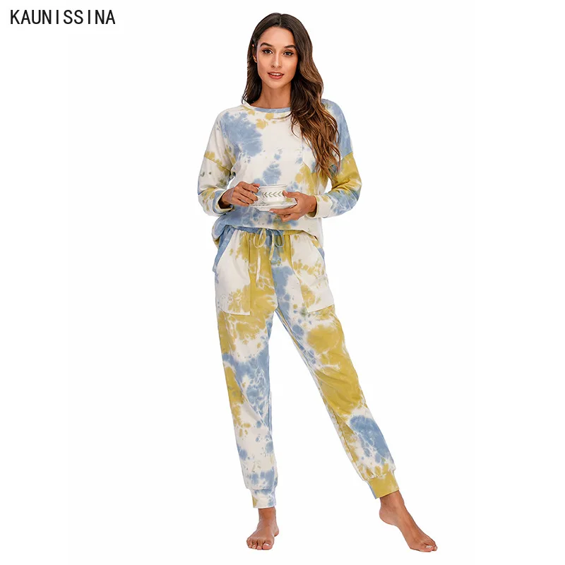

Пижамный комплект Женский Осенний, одежда для сна с круглым вырезом, Топ с длинным рукавом, свободные штаны с эластичным поясом, домашняя од...